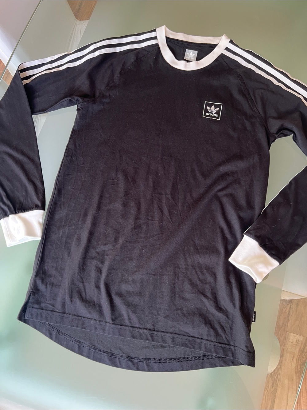 adidas Black Long-Sleeve Crew with White Stripes and Trim